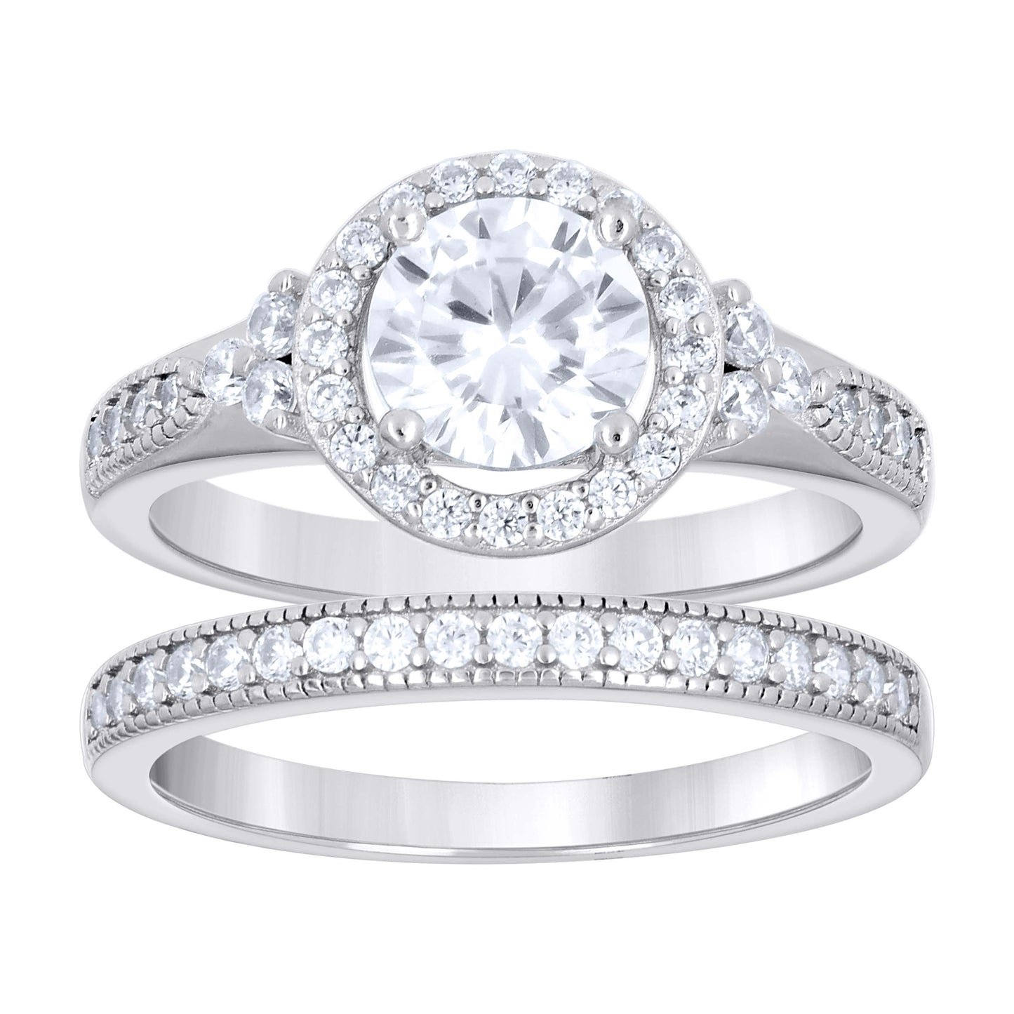 Sterling Silver Womens Cubic-Zirconia Halo Duo Bridal Anniversary Wedding Engagement Band Ring Set