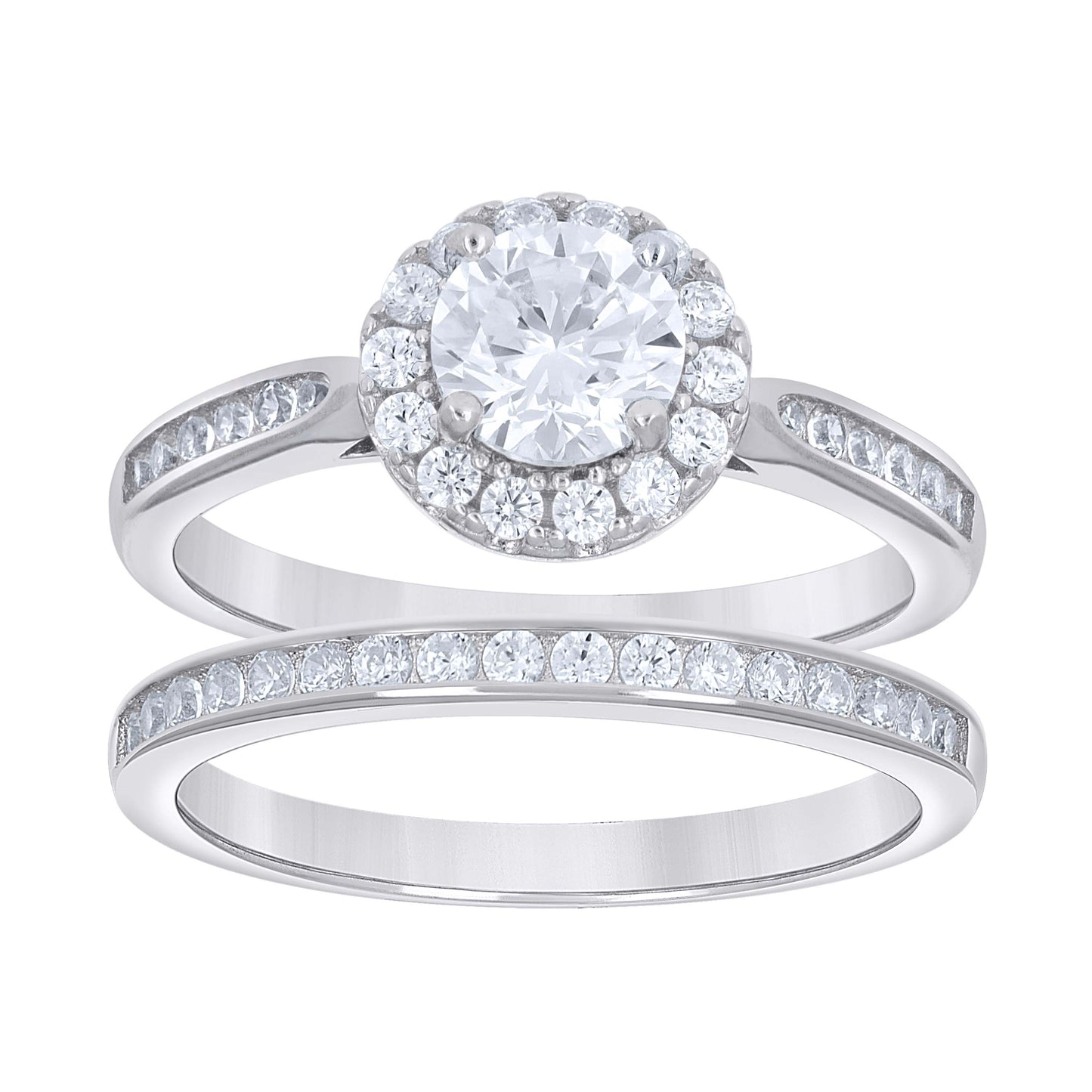Sterling Silver Women's Cubic-Zirconia Halo Duo Bridal Anniversary Wedding Engagement Band Ring Set