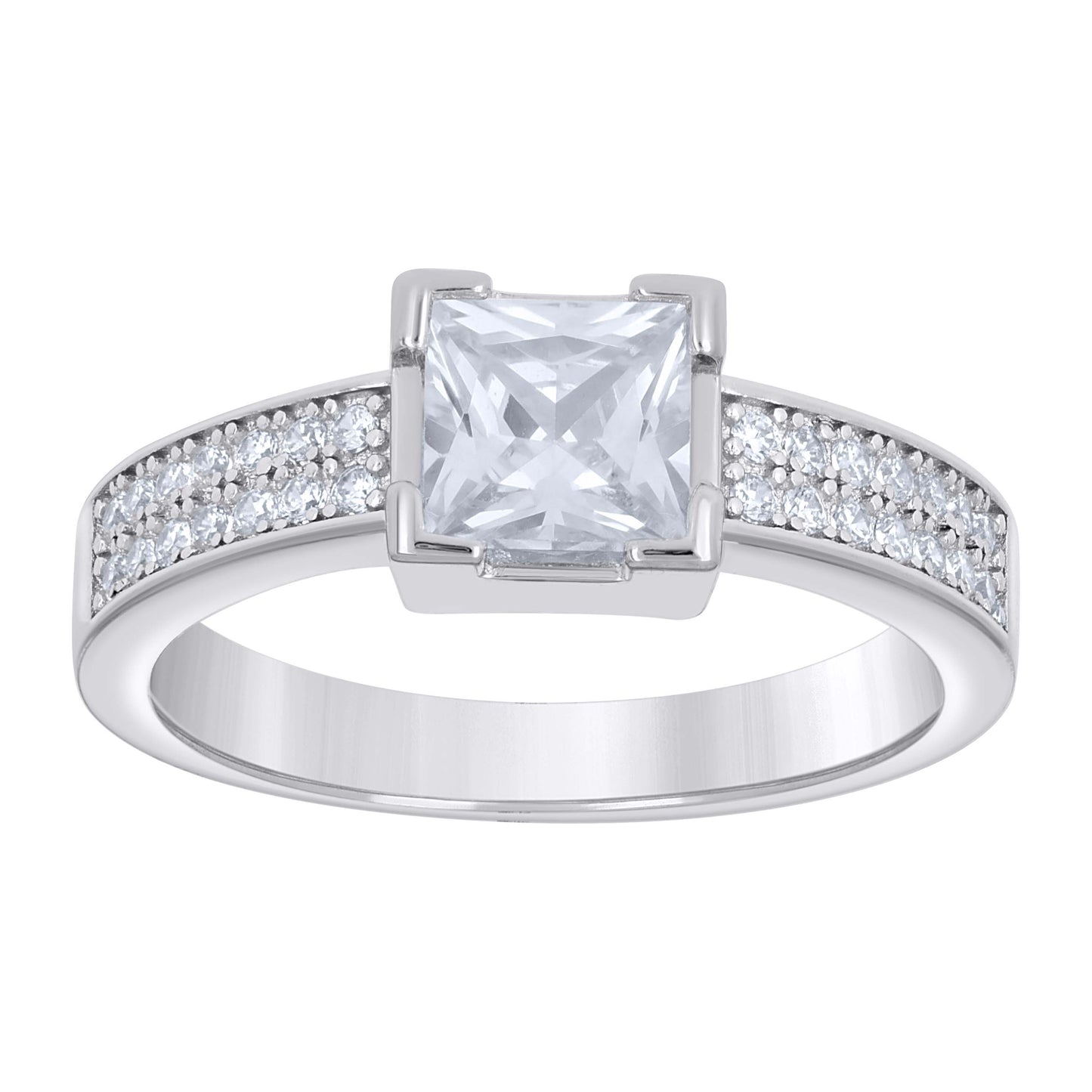 Sterling Silver Womens Princess-Cut Round Cubic-Zirconia Square Head Bridal Anniversary Engagement Wedding Ring