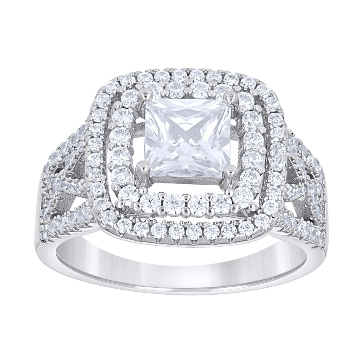 Sterling Silver Women's Princess-Cut Round Cubic-Zirconia Square Head Bridal Anniversary Engagement Wedding Ring