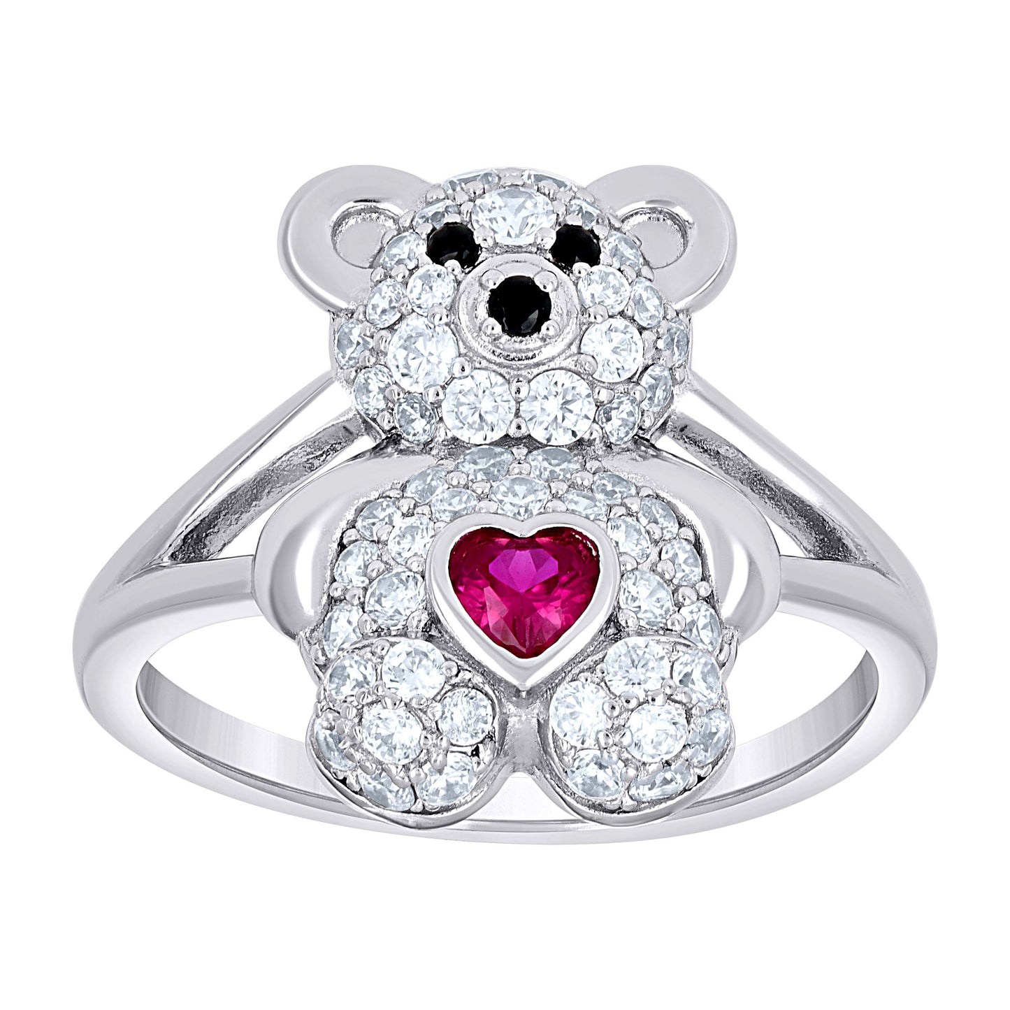 Sterling Silver Women's Black/Pink White Heart Round Cubic-Zirconia Teddy Bear Love Heart Bridal Anniversary Wedding Engagement Band Ring