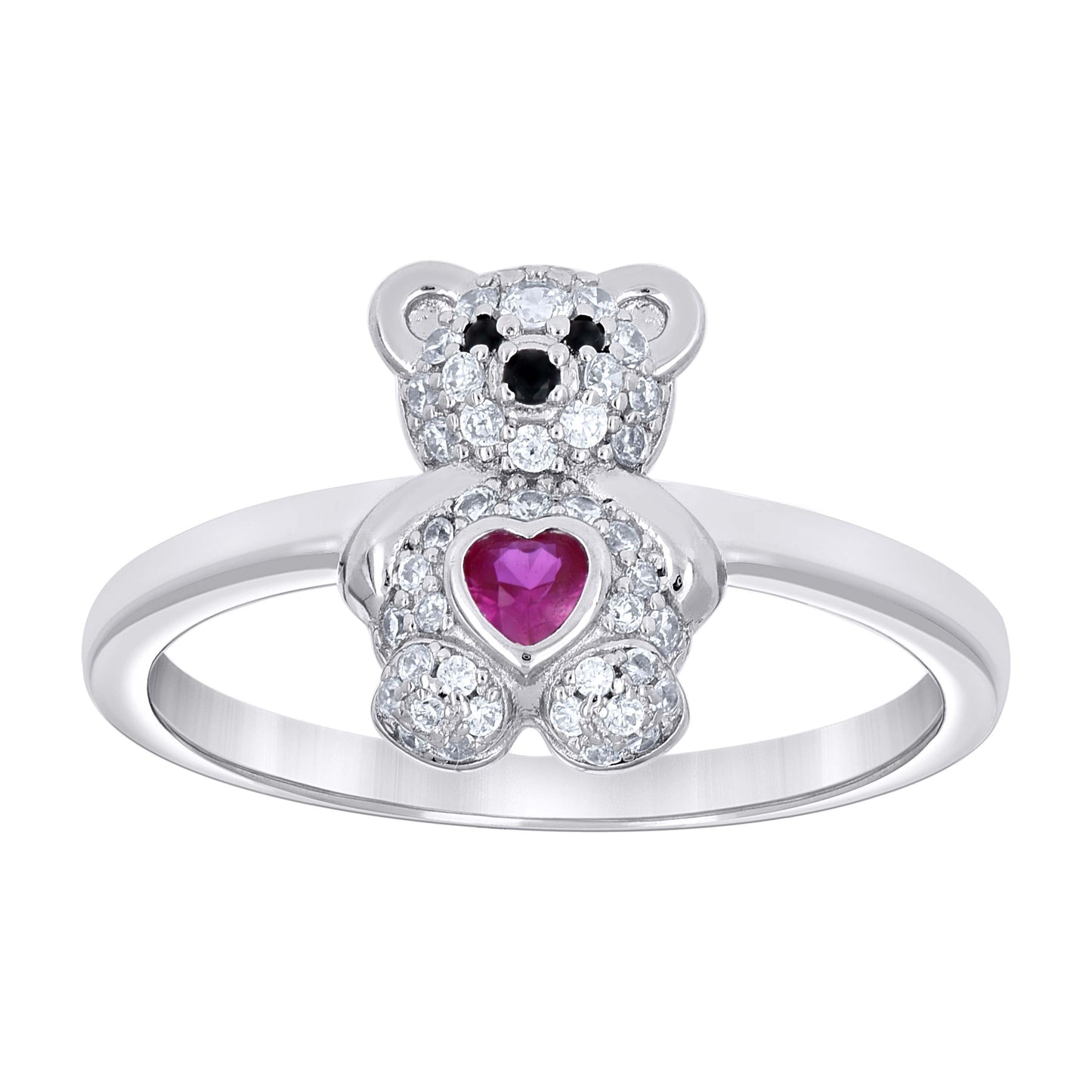 Sterling Silver Women's Black/Pink White Heart Round Cubic-Zirconia Teddy Bear Love Heart Bridal Anniversary Wedding Engagement Band Ring