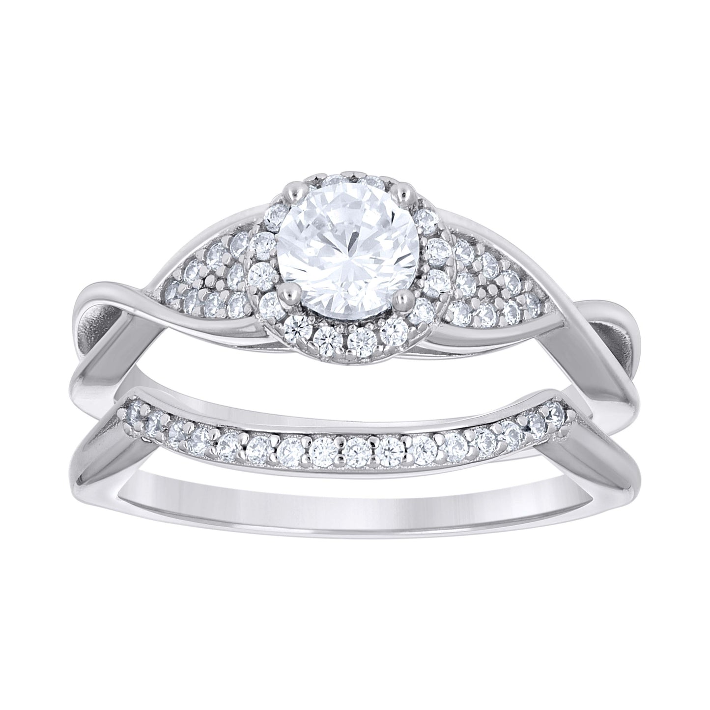 Sterling Silver Womens Cubic-Zirconia Halo Fashion Duo Bridal Anniversary Wedding Engagement Band Ring Set
