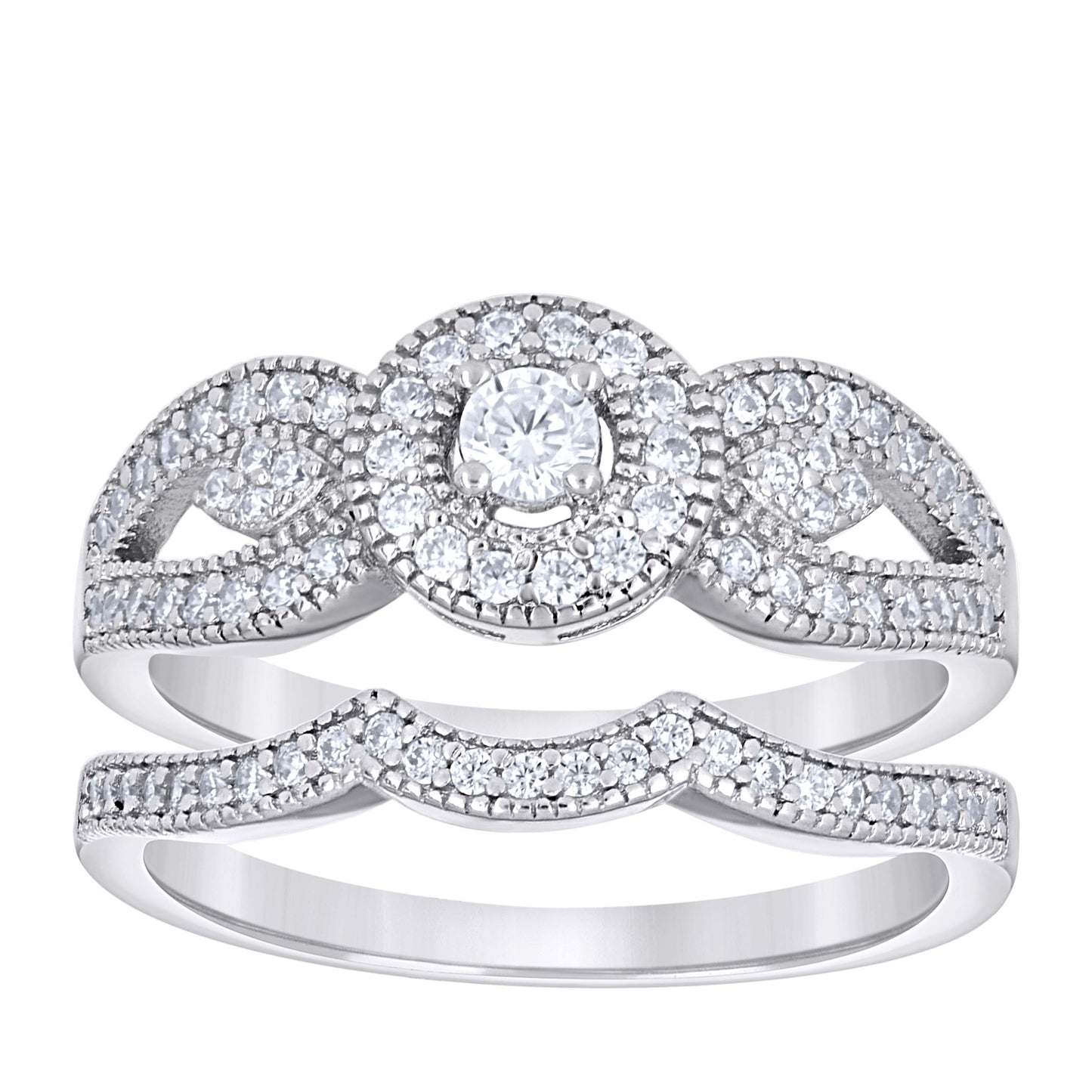 Sterling Silver Womens Cubic-Zirconia Duo Bridal Anniversary Engagement Wedding Ring Set