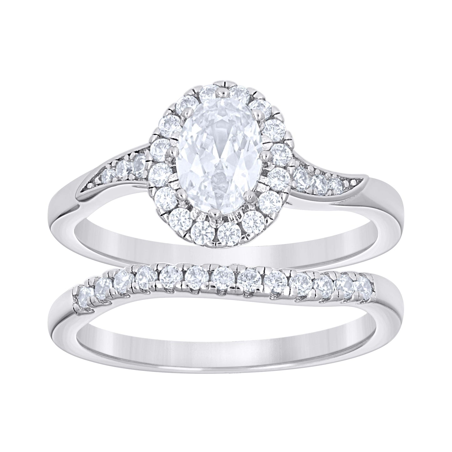 Sterling Silver Womens Oval Round Cubic-Zirconia Halo Duo Bridal Anniversary Wedding Engagement Band Ring Set