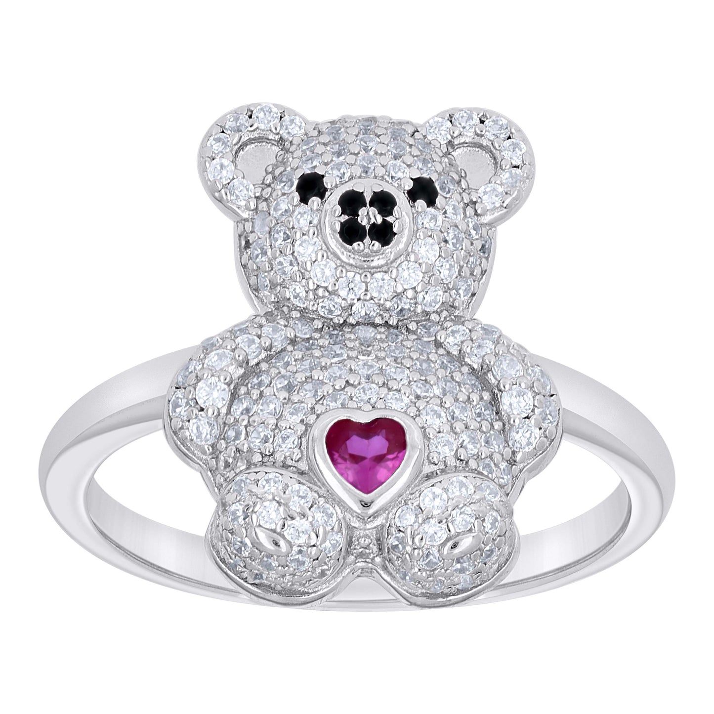 Sterling Silver Womens Black/Pink White Heart Round Cubic-Zirconia Teddy Bear Love Heart Bridal Anniversary Wedding Engagement Band Ring
