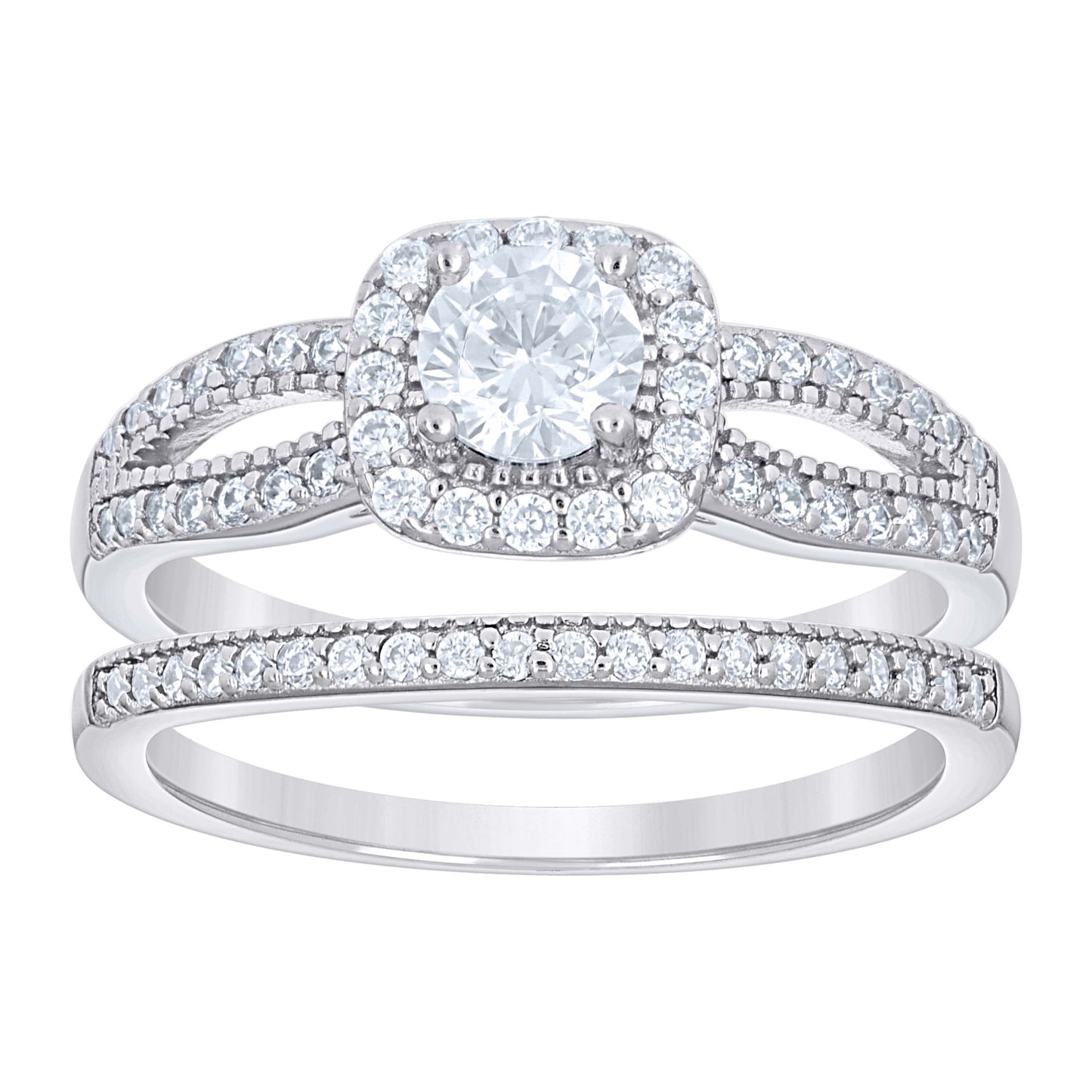 Sterling Silver Womens Cubic-Zirconia Square Head Duo Bridal Anniversary Wedding Engagement Band Ring Set
