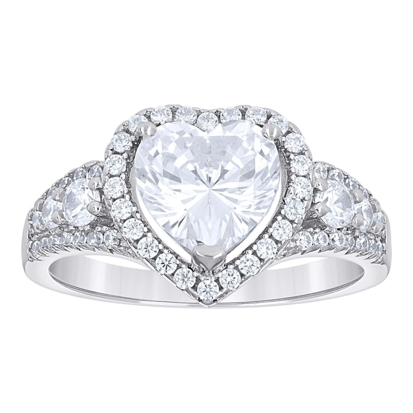Sterling Silver Womens Heart Round Cubic-Zirconia Heart Bridal Anniversary Engagement Wedding Ring
