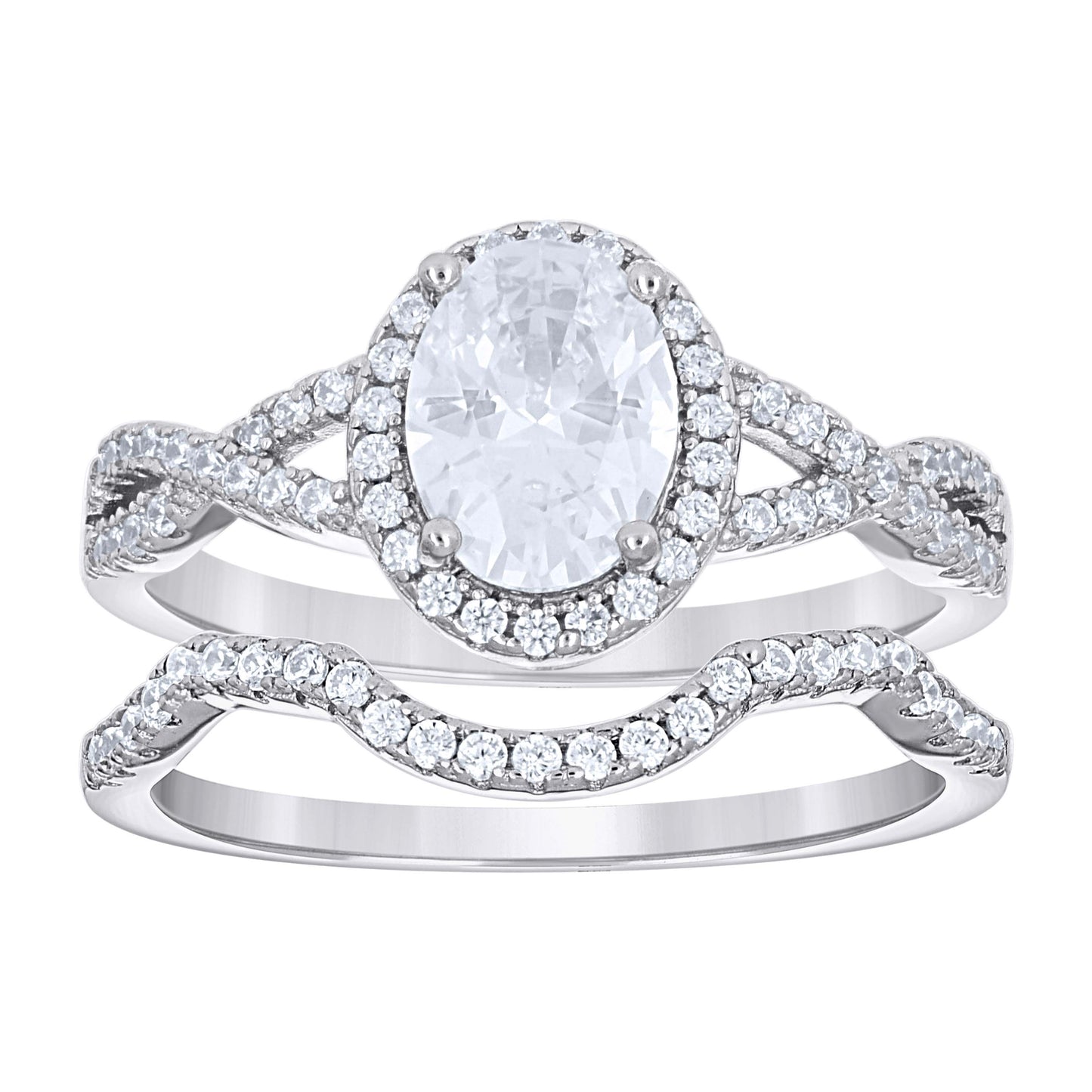 Sterling Silver Women's Oval Round Cubic-Zirconia Halo Duo Bridal Anniversary Wedding Engagement Band Ring Set