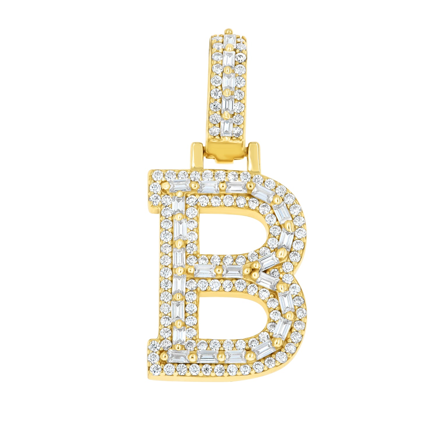 Sterling Silver Yellow-Tone Unisex Baguette Round Moissanite Initial Alphabet Charm Pendant