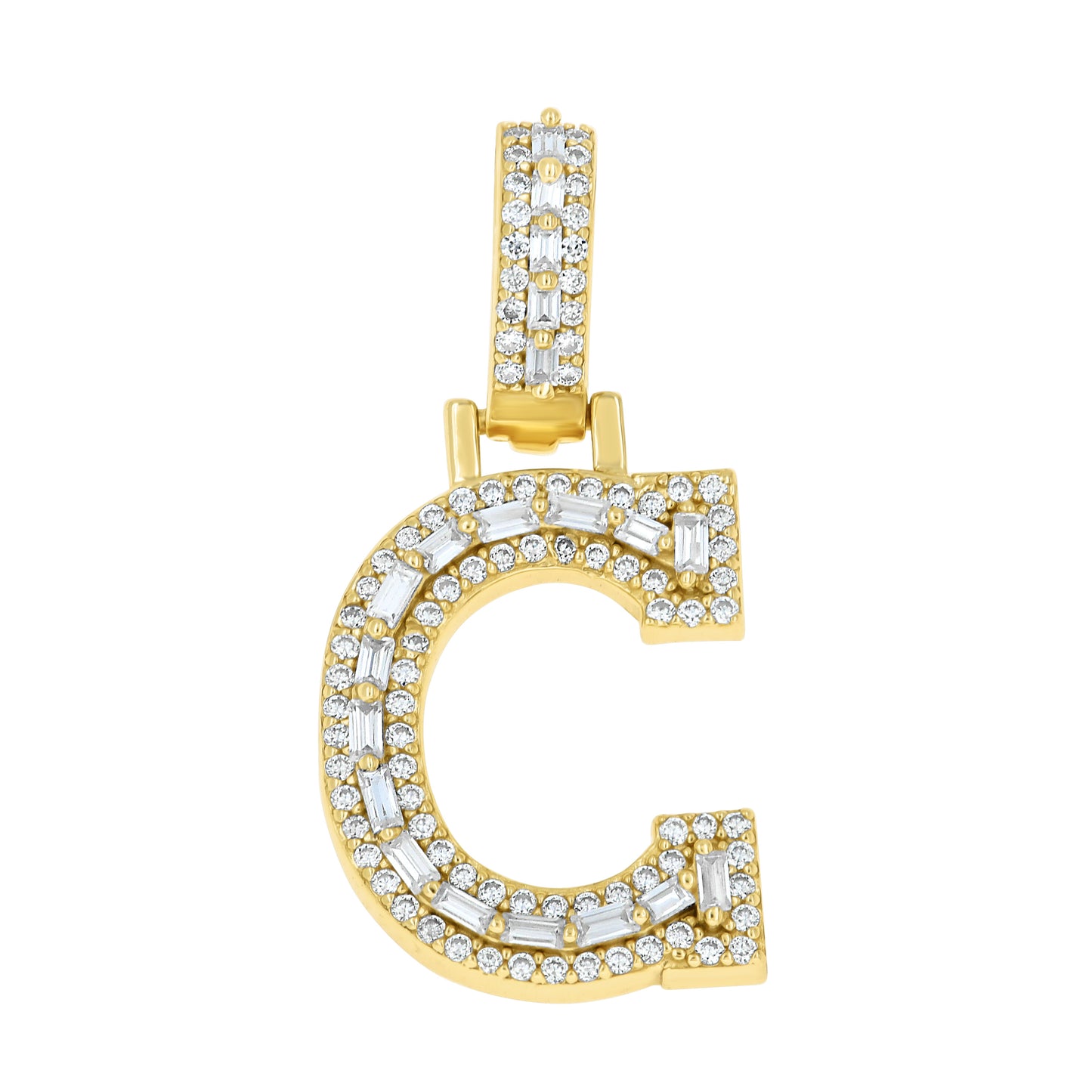 Sterling Silver Yellow-Tone Unisex Baguette Round Moissanite Initial Alphabet Charm Pendant