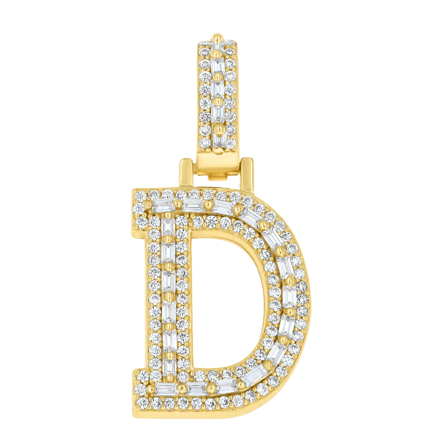 Sterling Silver Yellow-Tone Unisex Baguette Round Moissanite Initial Alphabet Charm Pendant