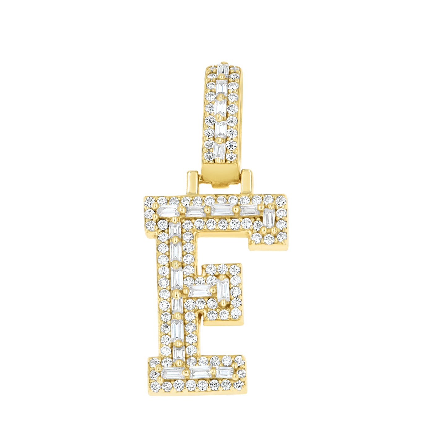 Sterling Silver Yellow-Tone Unisex Baguette Round Moissanite Initial Alphabet Charm Pendant