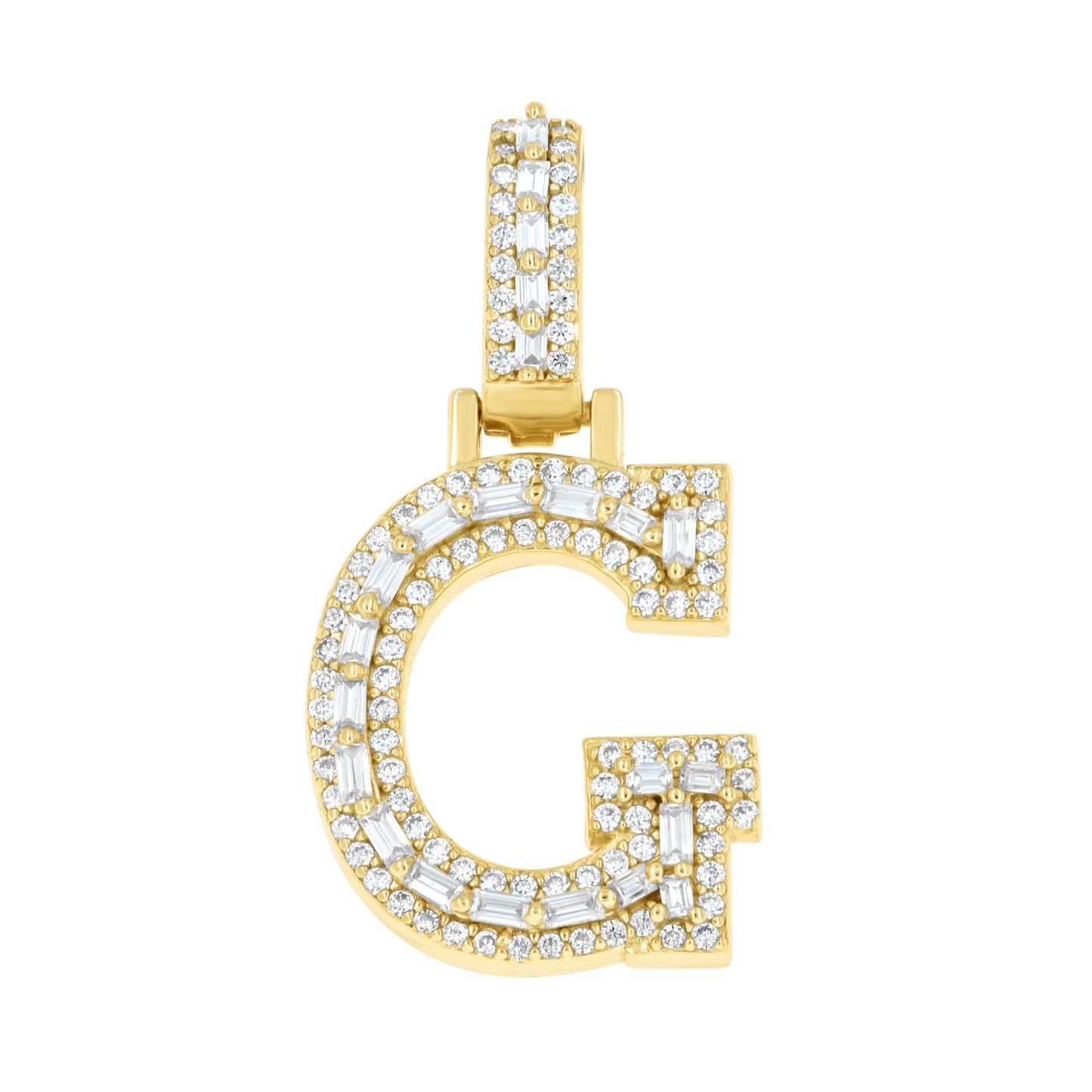 Sterling Silver Yellow-Tone Unisex Baguette Round Moissanite Initial Alphabet Charm Pendant