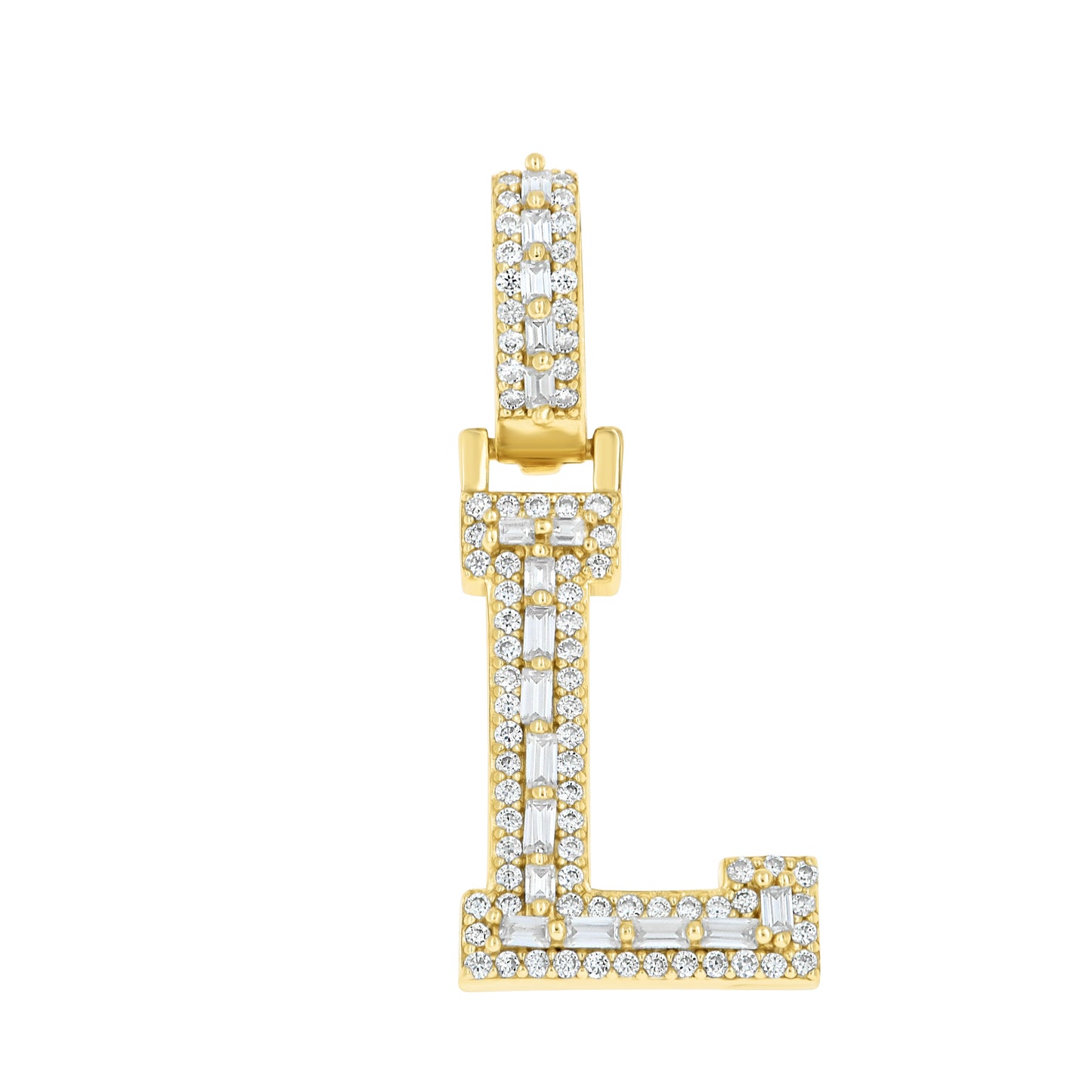 Sterling Silver Yellow-Tone Unisex Baguette Round Moissanite Initial Alphabet Charm Pendant