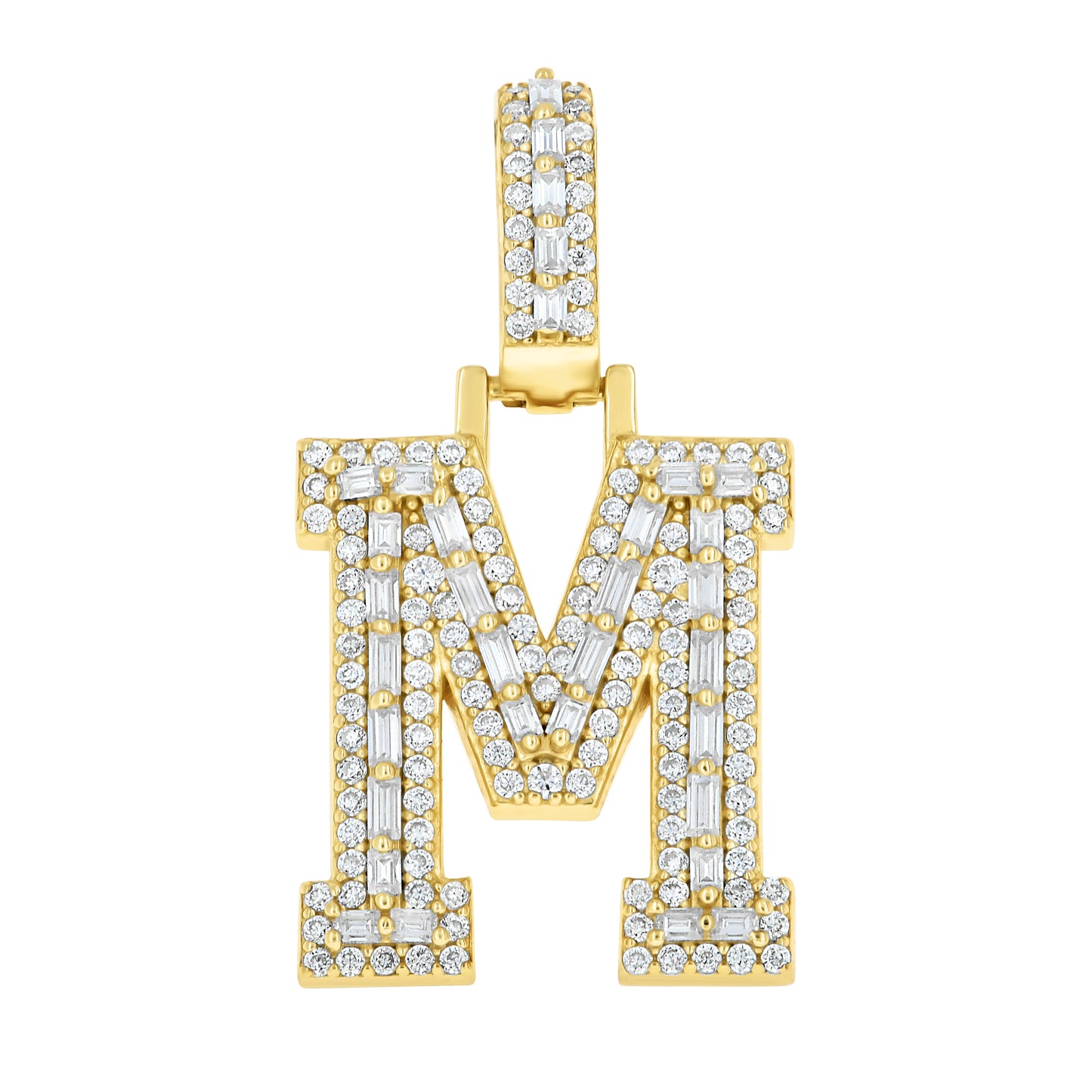Sterling Silver Yellow-Tone Unisex Baguette Round Moissanite Initial Alphabet Charm Pendant