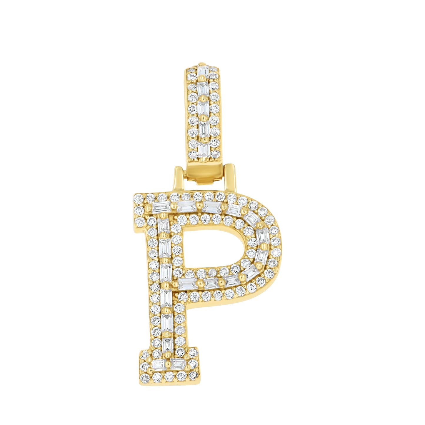 Sterling Silver Yellow-Tone Unisex Baguette Round Moissanite Initial Alphabet Charm Pendant