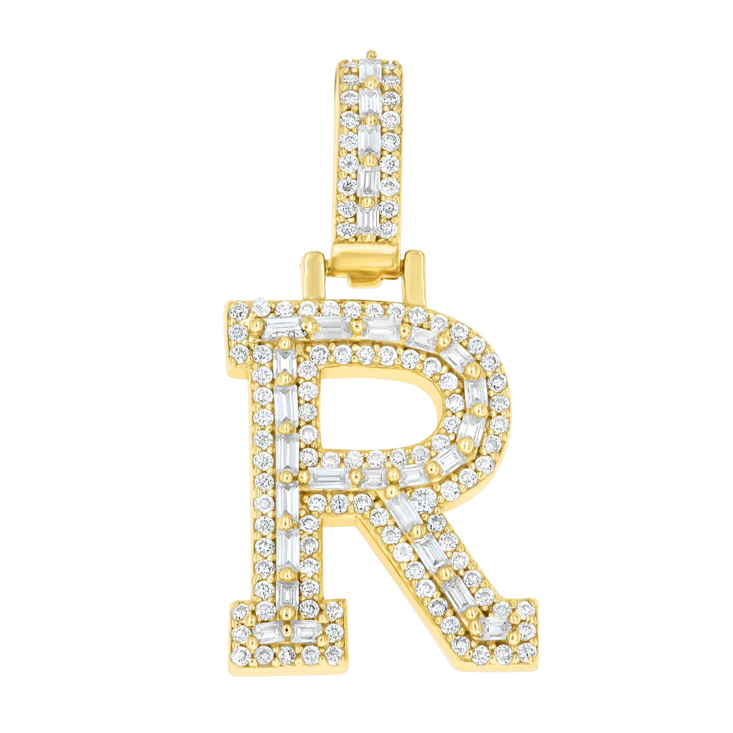 Sterling Silver Yellow-Tone Unisex Baguette Round Moissanite Initial Alphabet Charm Pendant