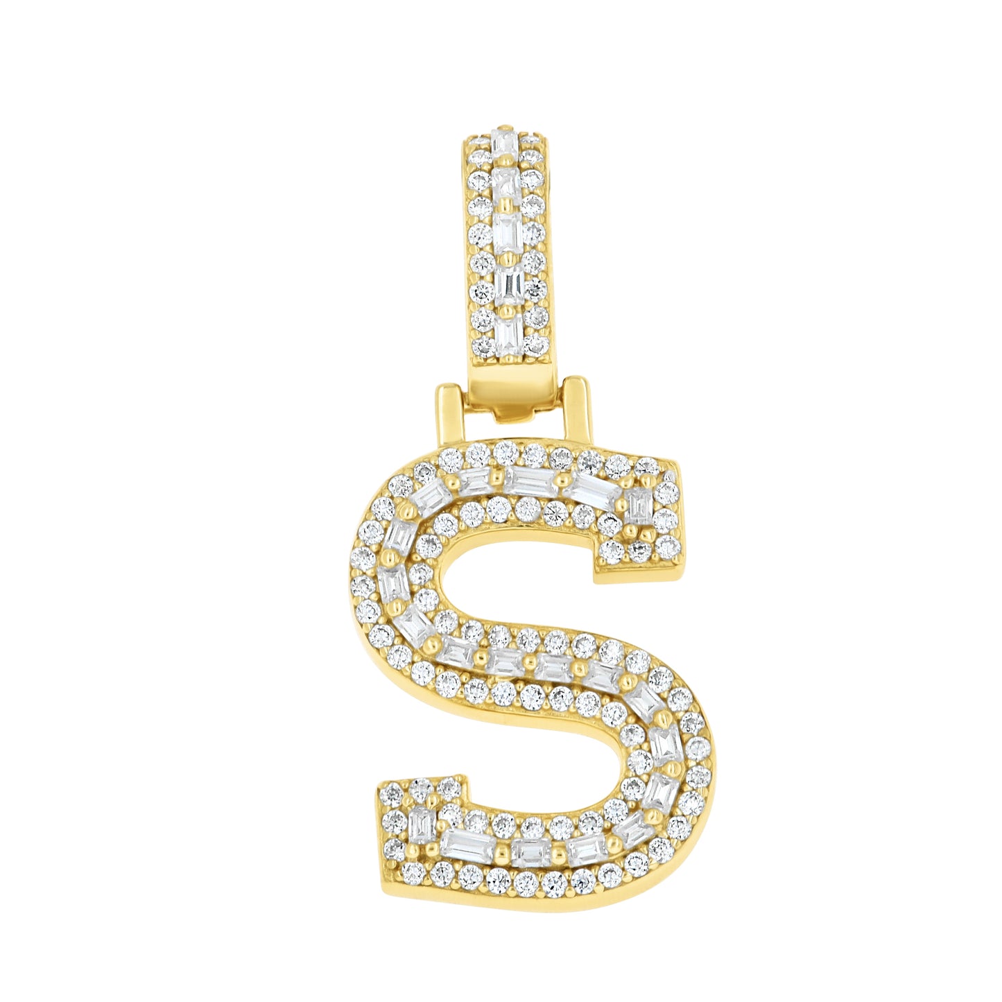 Sterling Silver Yellow-Tone Unisex Baguette Round Moissanite Initial Alphabet Charm Pendant