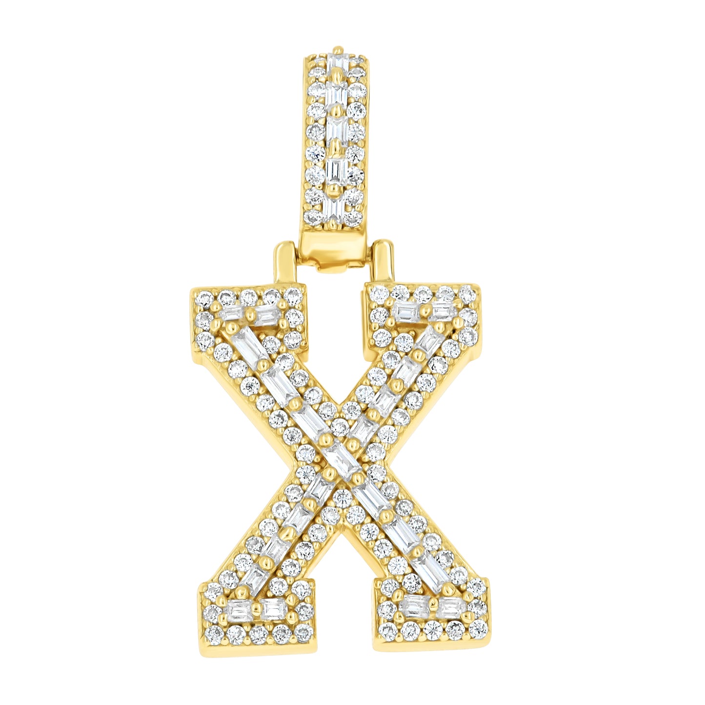 Sterling Silver Yellow-Tone Unisex Baguette Round Moissanite Initial Alphabet Charm Pendant