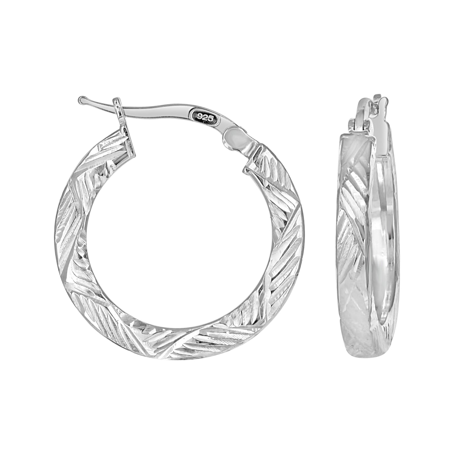 Sterling Silver Womens Diamond-Cut Patterned Square Tube Hoop Earrings