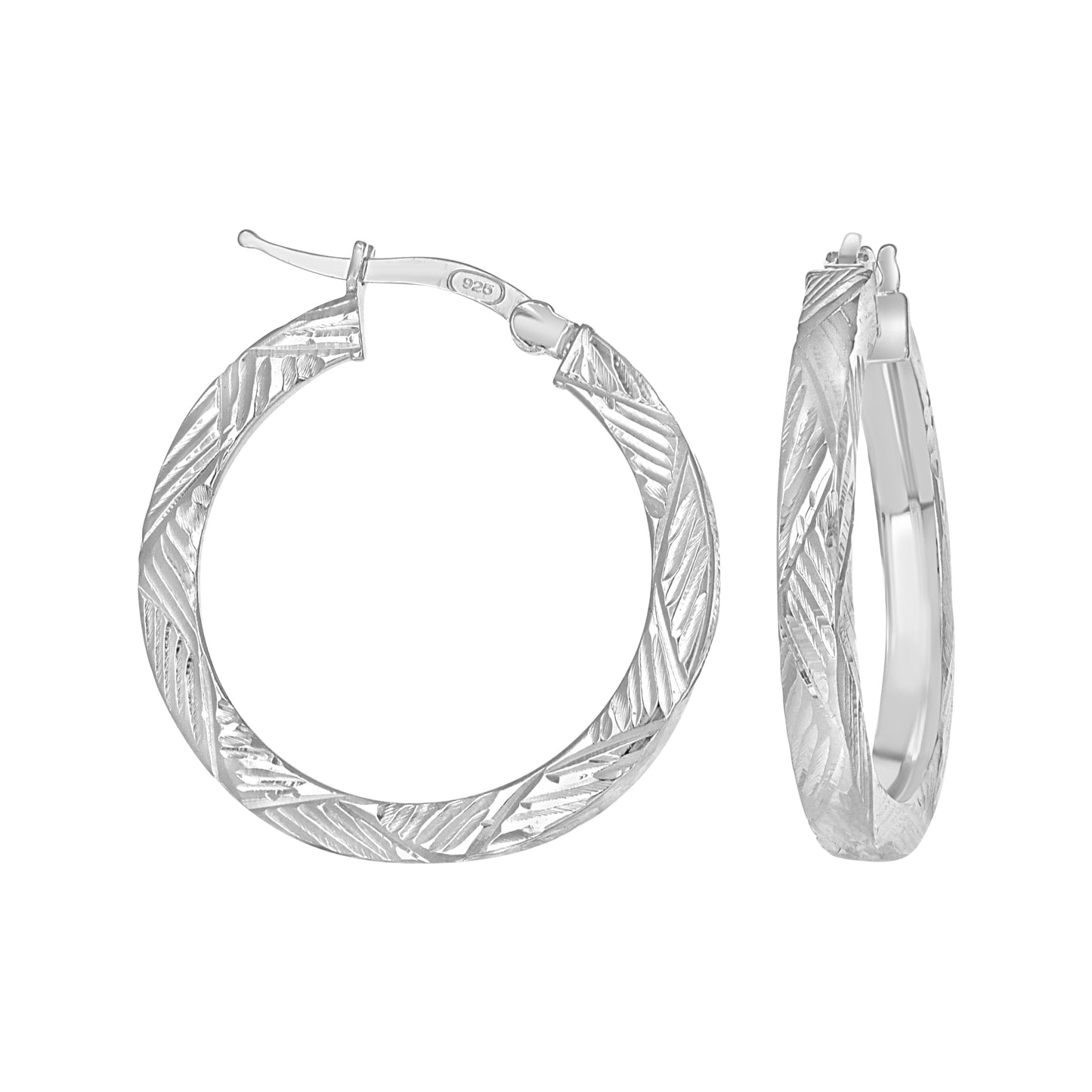 Sterling Silver Womens Diamond-Cut Patterned Square Tube Hoop Earrings