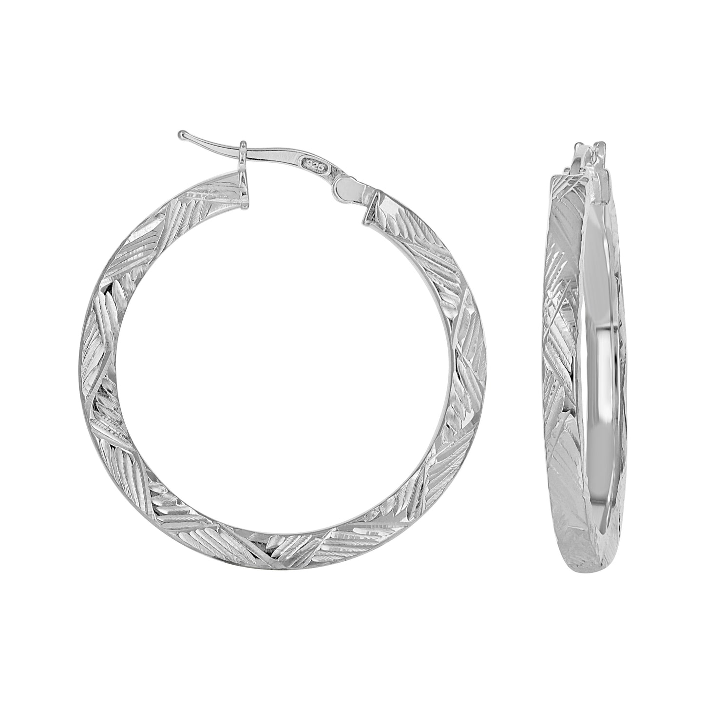 Sterling Silver Womens Diamond-Cut Patterned Square Tube Hoop Earrings