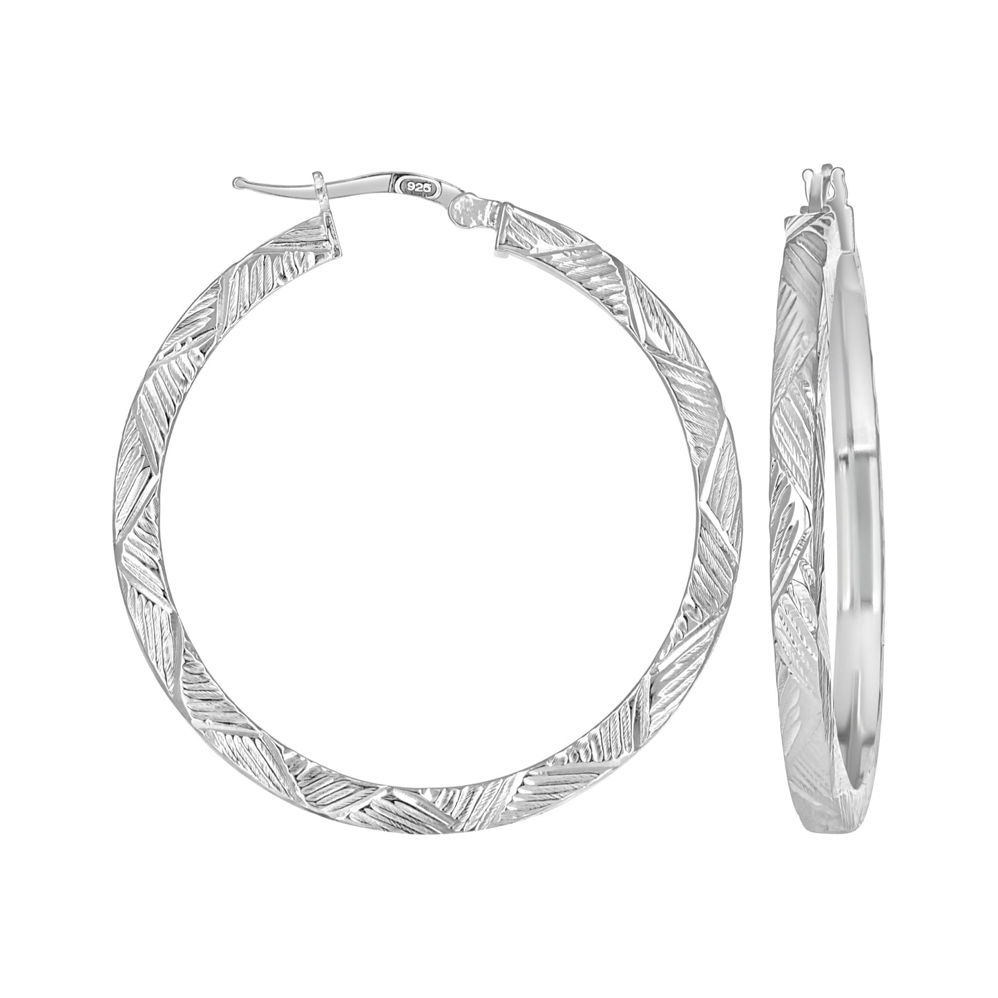Sterling Silver Womens Diamond-Cut Patterned Square Tube Hoop Earrings