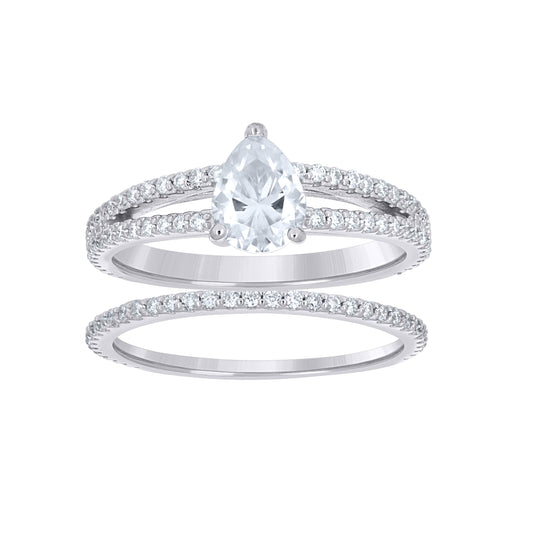 Sterling Silver Womens Round Pear Cubic-Zirconia Teardrop Duo Bridal Ring Set Size 10– Elegant Jewelry Gift for Birthday, Anniversary, Engagement, Wedding