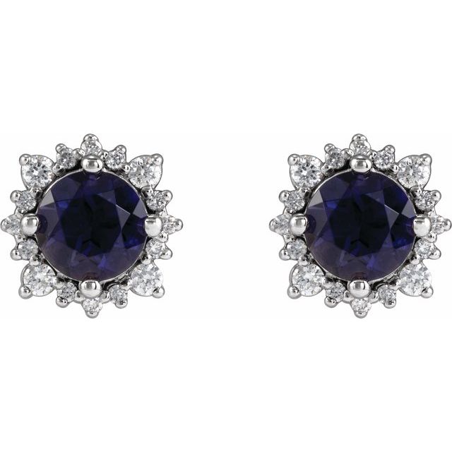 14K White Gold 5 Mm Round Friction Back Polished Natural Iolite And 1/6 Ctw Natural Diamond Halo-Style Stud Earrings