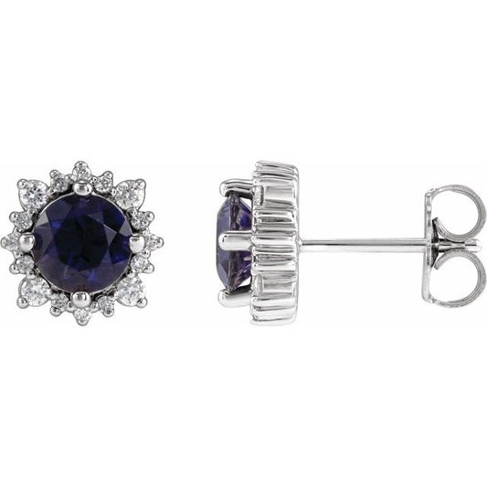 14K White Gold 5 Mm Round Friction Back Polished Natural Iolite And 1/6 Ctw Natural Diamond Halo-Style Stud Earrings