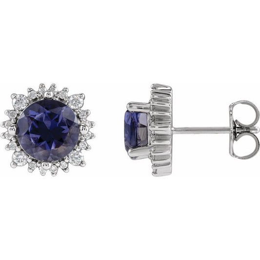 14K White Gold 6 Mm Round Friction Back Polished Natural Iolite And 1/5 Ctw Natural Diamond Halo-Style Stud Earrings
