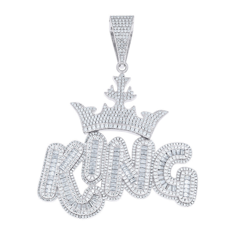 925 Sterling Silver Mens Baguette Round Moissanite CROWN KING Fashion Charm Pendant