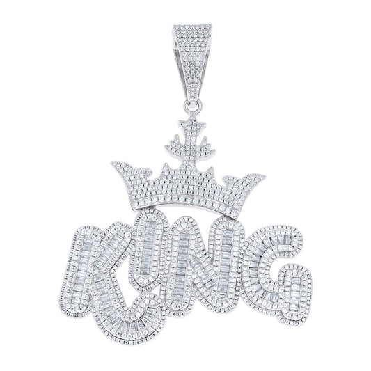 925 Sterling Silver Mens Baguette Round Moissanite CROWN KING Fashion Charm Pendant