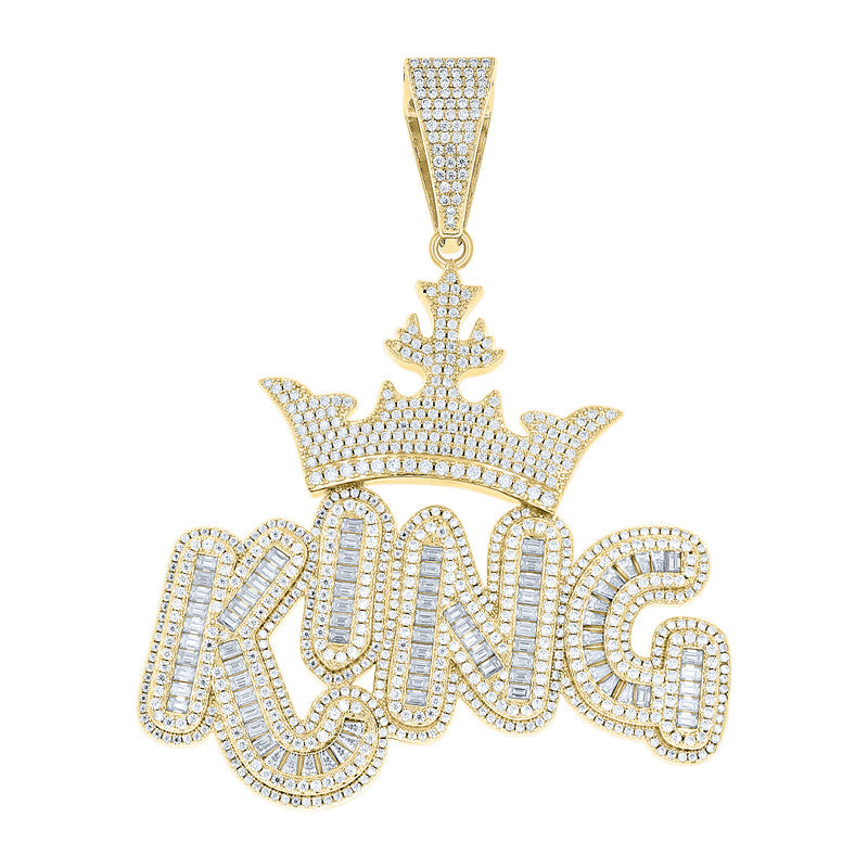 925 Sterling Silver Mens Baguette Round Moissanite CROWN KING Fashion Charm Pendant