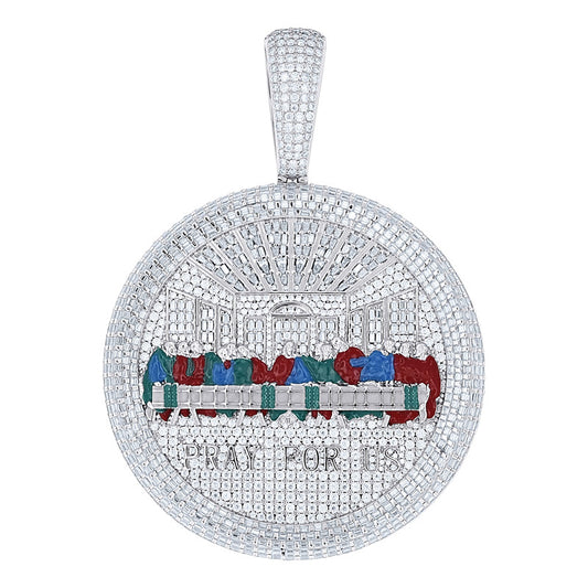 925 Sterling Silver Mens Baguette Round Moissanite Enameled Last Supper Religious Charm Pendant