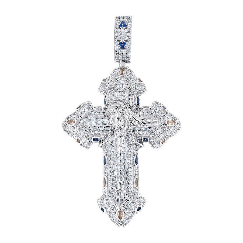 925 Sterling Silver Mens Baguette/Pear Round Moissanite Cross Jesus Religious Charm Pendant