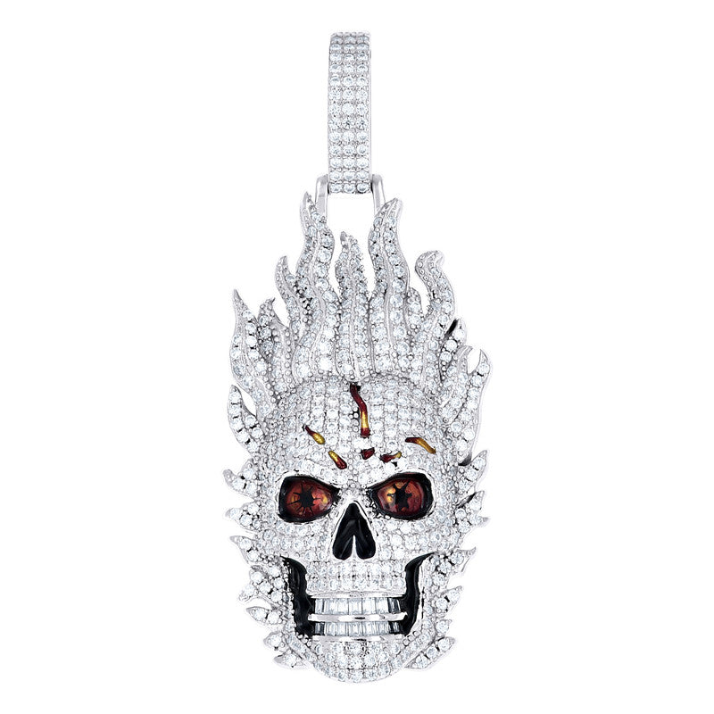 925 Sterling Silver Mens Baguette Round Moissanite Enameled Fire Skull Fashion Charm Pendant