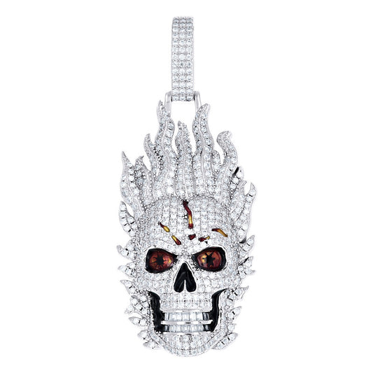 925 Sterling Silver Mens Baguette Round Moissanite Enameled Fire Skull Fashion Charm Pendant