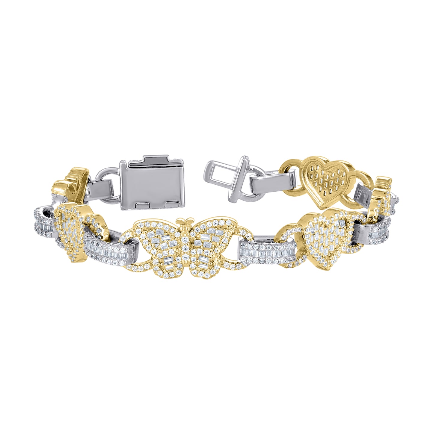 Sterling Silver Yellow-Tone Womens Baguette Round  3.37ct, 2.82ct  Moissanite Butterfly Heart Bracelet 7.5 Inches– Elegant Jewelry Gift for Birthday, Anniversary, Engagement, Wedding