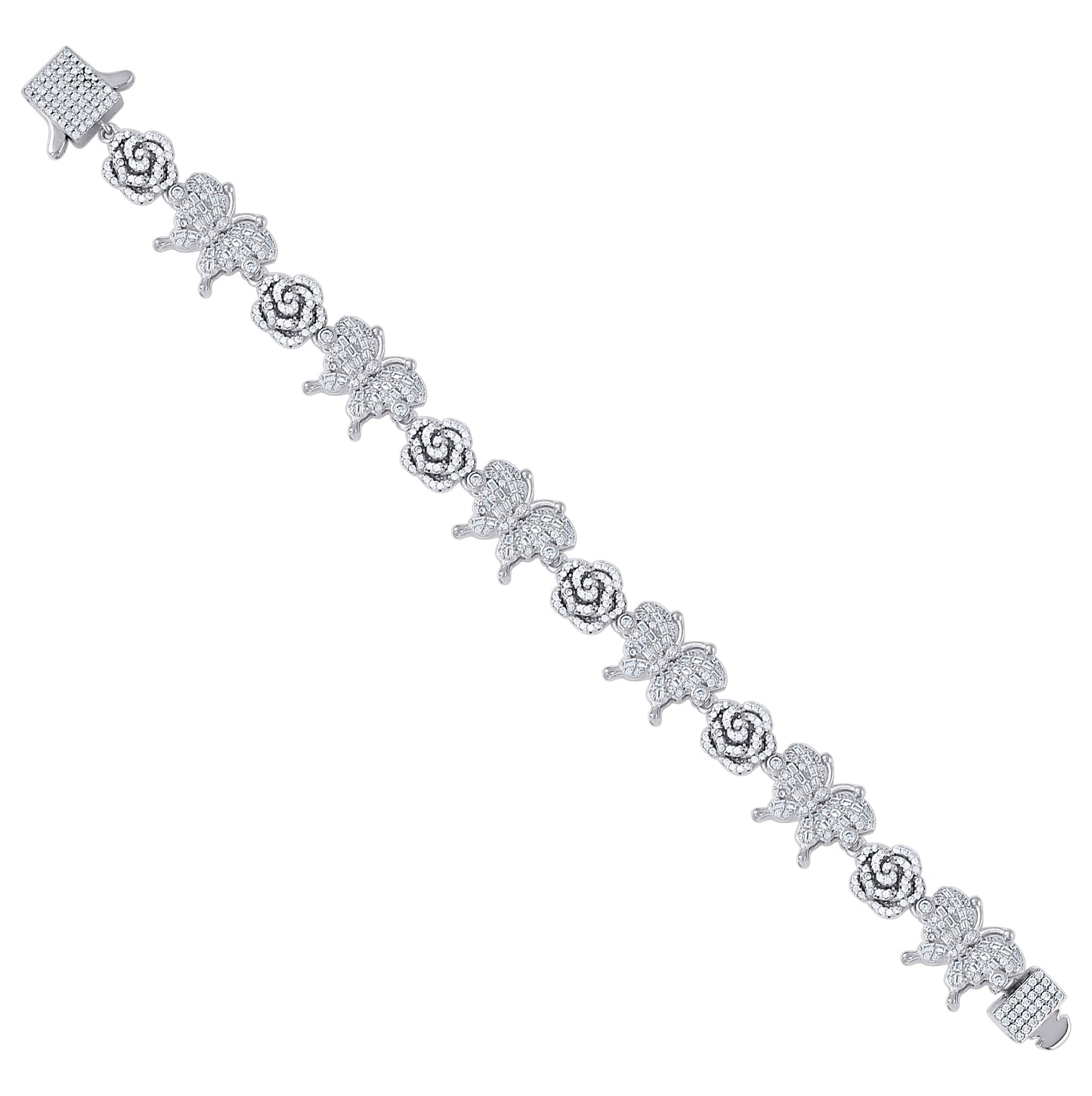 Sterling Silver Yellow-Tone Womens Baguette Round 3.39ct, 2.45ct  Moissanite Flower Butterfly Charm Bracelet 7.5 Inches– Elegant Jewelry Gift for Birthday, Anniversary, Engagement, Wedding