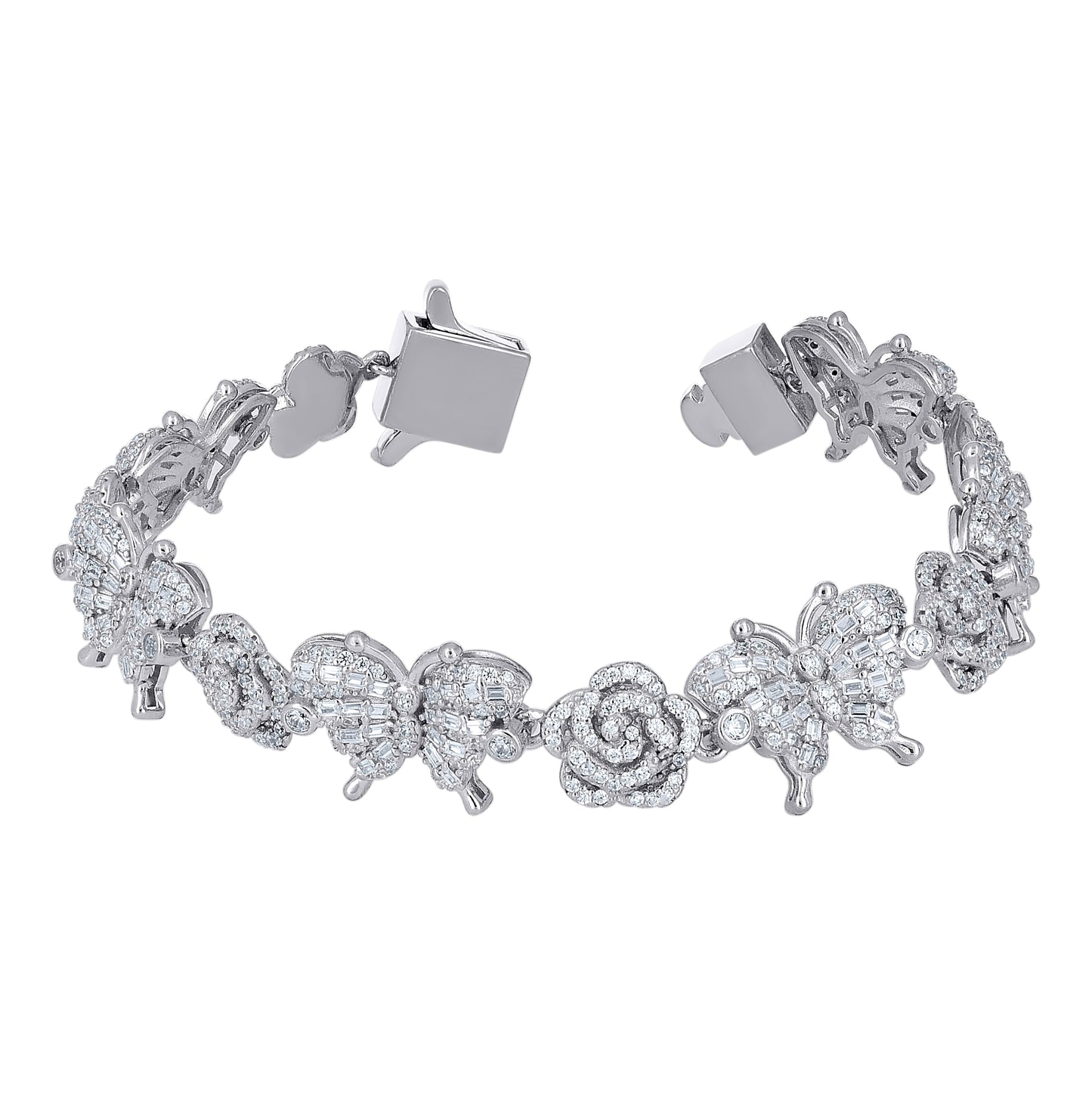 Sterling Silver Yellow-Tone Womens Baguette Round 3.39ct, 2.45ct  Moissanite Flower Butterfly Charm Bracelet 7.5 Inches– Elegant Jewelry Gift for Birthday, Anniversary, Engagement, Wedding