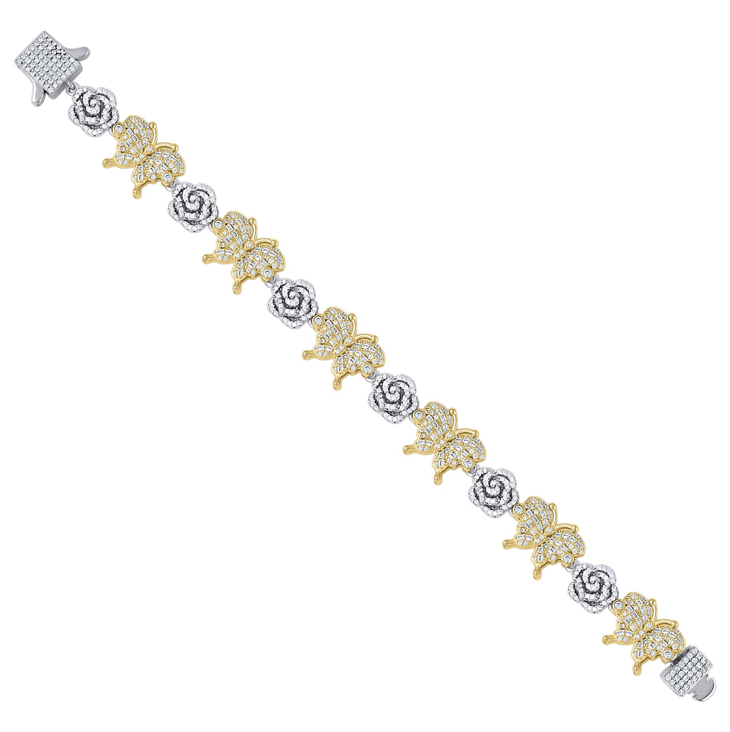 Sterling Silver Yellow-Tone Womens Baguette Round 3.39ct, 2.45ct  Moissanite Flower Butterfly Charm Bracelet 7.5 Inches– Elegant Jewelry Gift for Birthday, Anniversary, Engagement, Wedding