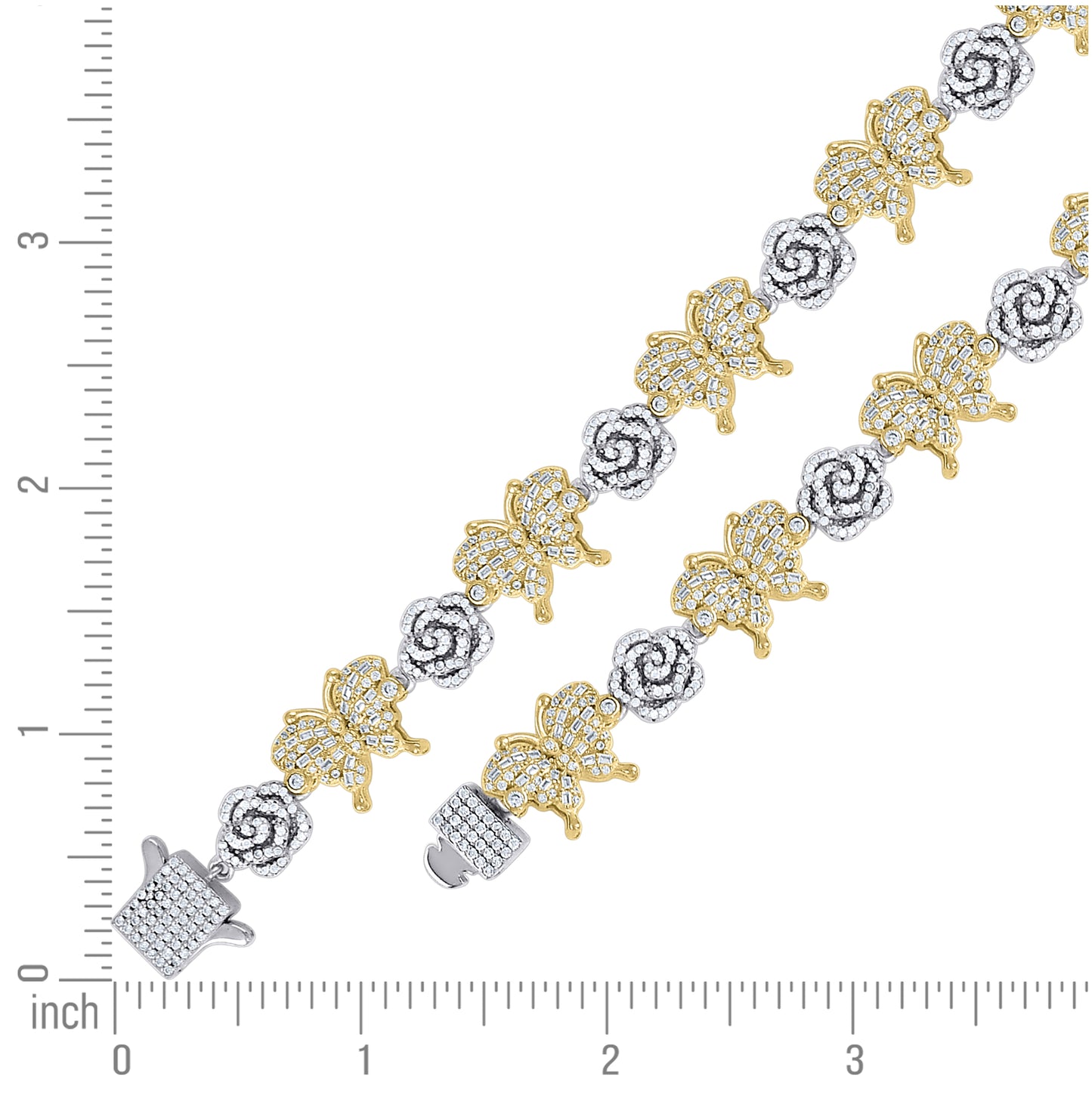 Sterling Silver Yellow-Tone Womens Baguette Round 3.39ct, 2.45ct  Moissanite Flower Butterfly Charm Bracelet 7.5 Inches– Elegant Jewelry Gift for Birthday, Anniversary, Engagement, Wedding