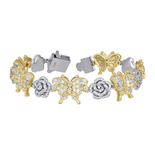 Sterling Silver Yellow-Tone Womens Baguette Round 3.39ct, 2.45ct  Moissanite Flower Butterfly Charm Bracelet 7.5 Inches– Elegant Jewelry Gift for Birthday, Anniversary, Engagement, Wedding