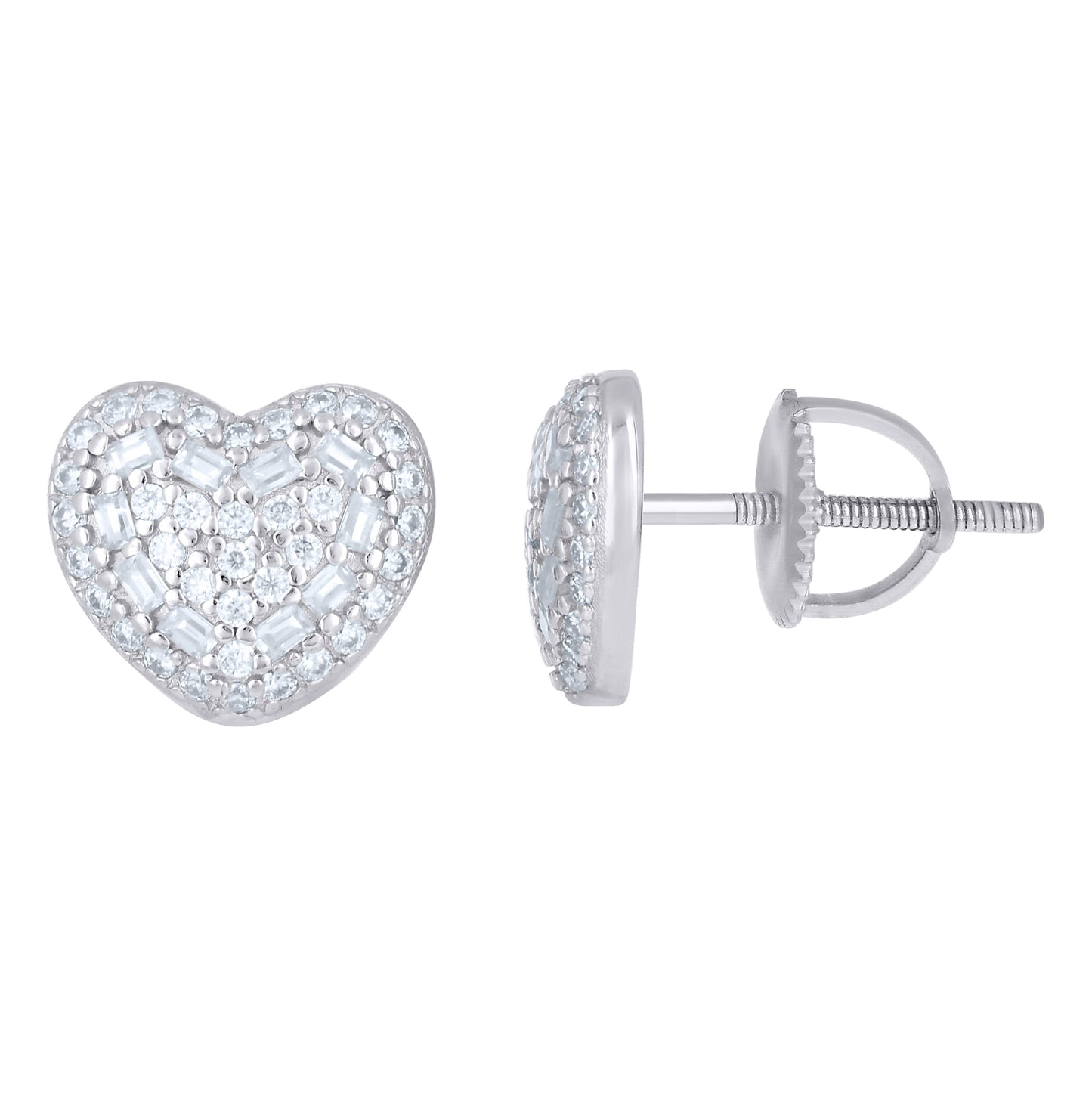 Sterling Silver Womens Baguette Round  0.37ct, 0.37ct  Moissanite Heart Stud Earrings– Elegant Jewelry Gift for Birthday, Anniversary, Engagement, Wedding