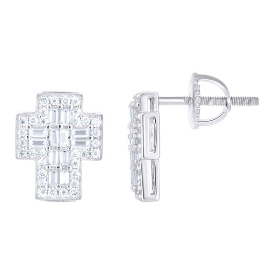 Sterling Silver Women Round Baguette  0.33ct, 0.67ct Moissanite Cross Religious Stud Earrings– Elegant Jewelry Gift for Birthday, Anniversary, Engagement, Wedding