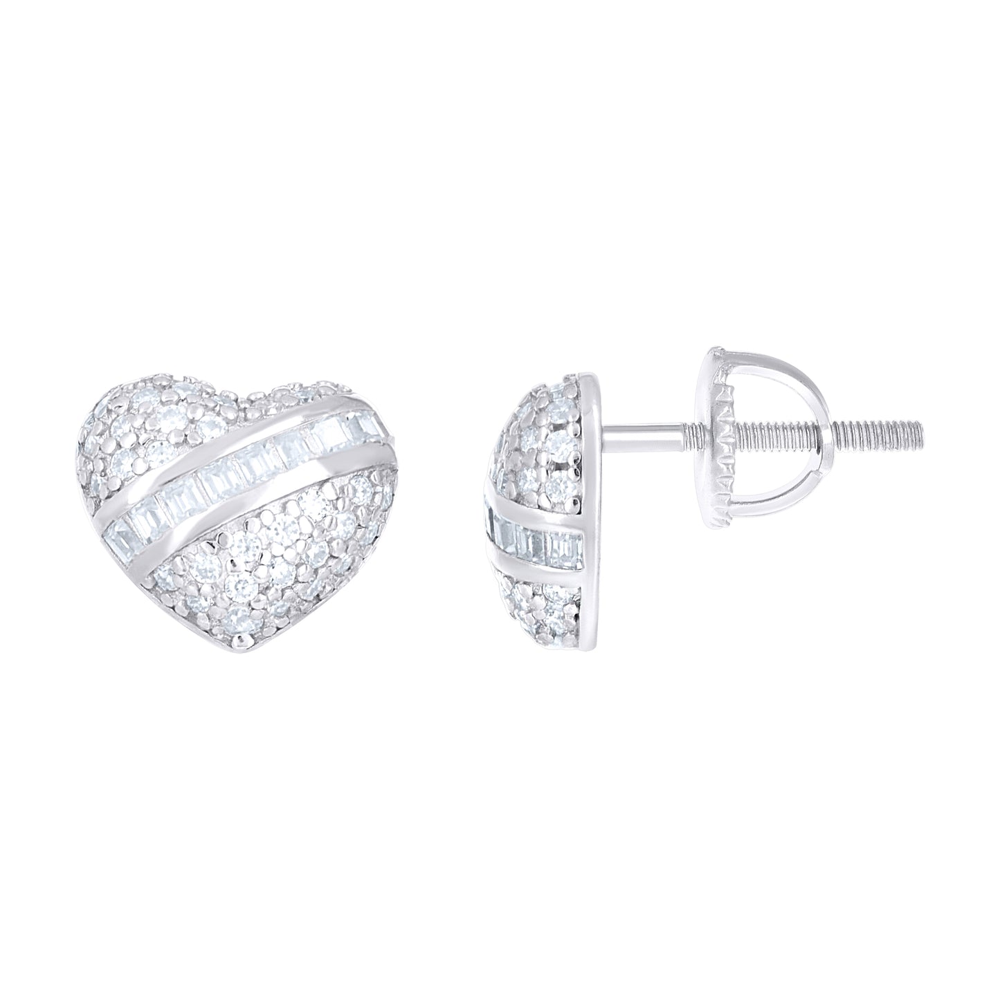 Sterling Silver Women Round Baguette  0.29ct, 0.20ct Moissanite Heart Stud Earrings– Elegant Jewelry Gift for Birthday, Anniversary, Engagement, Wedding