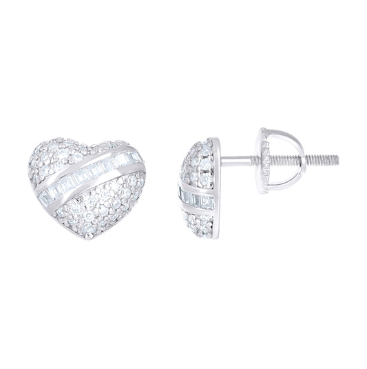 Sterling Silver Women Round Baguette  0.29ct, 0.20ct Moissanite Heart Stud Earrings– Elegant Jewelry Gift for Birthday, Anniversary, Engagement, Wedding