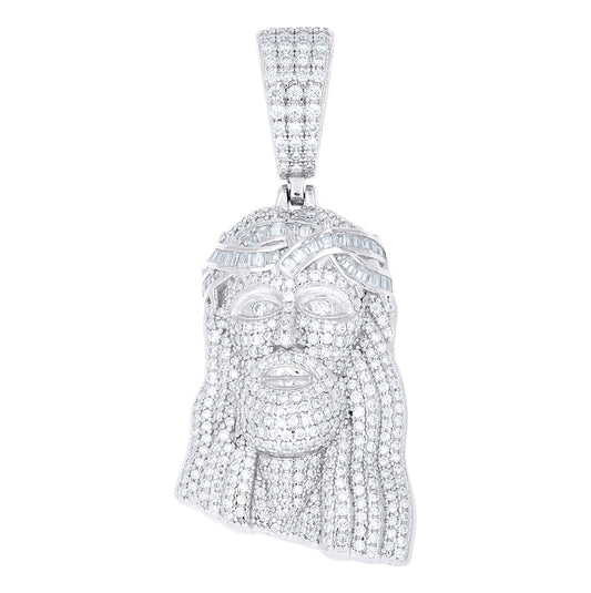Sterling Silver Men Round Baguette  1.90ct, 0.47ct Moissanite Jesus Religious Pendant – Elegant Jewelry Gift for Birthday, Anniversary, Engagement, Wedding